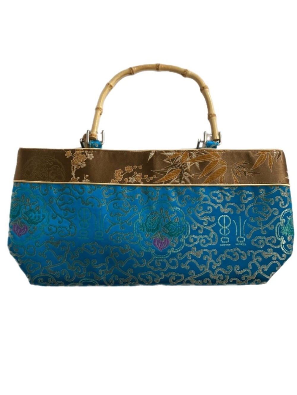 Vintage Asian Turquoise Embroidered Blue & Gold Bamboo-Handle Silk Handbag